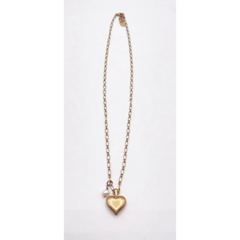 ZARA Gold Tone Dainty Faux Pearl Puffy Heart Dangle Pendant Necklace Adjustable